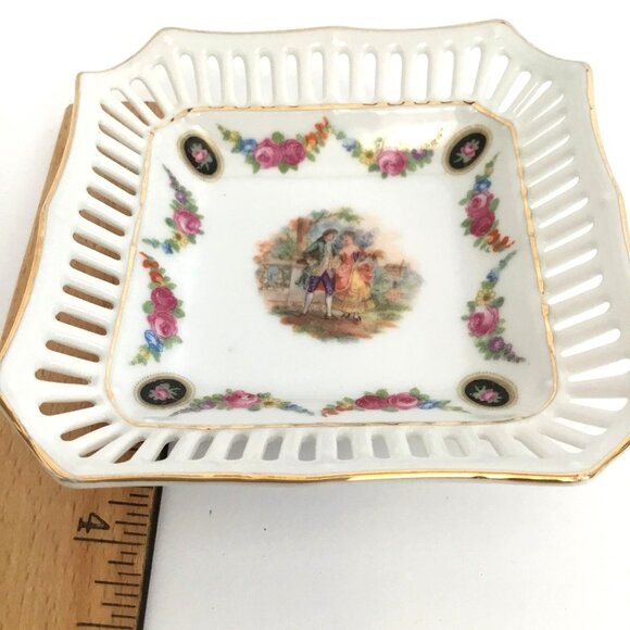 VTG (2) German Porcelain Reticulated Lattice Trinket Dish Romantic Scene Floral - Picture 4 of 12
